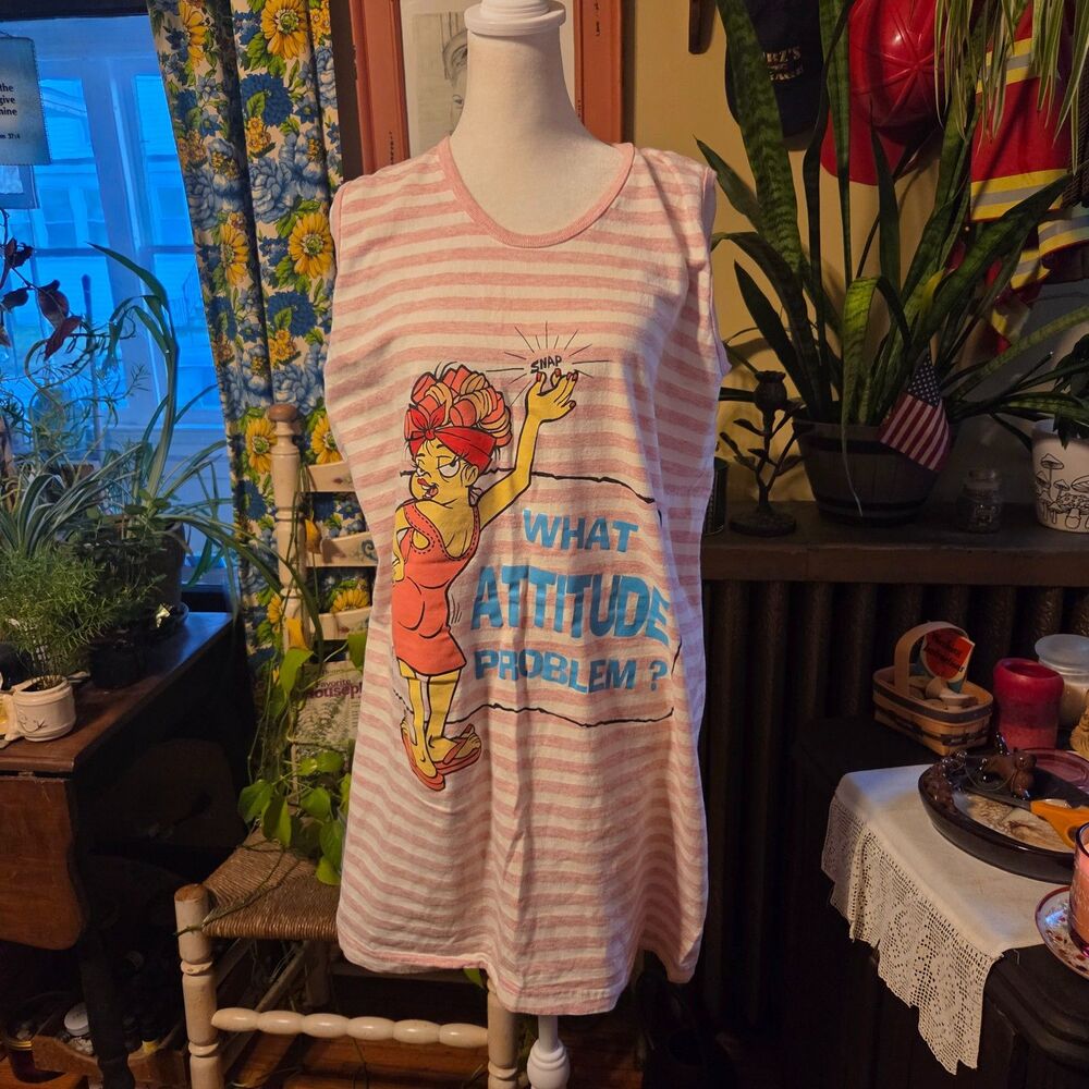 Vintage 80s Novelty Nightgown Pink Striped “What Attitude Problem?” Graphic OS